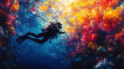A scuba diver moves gracefully among colorful corals and marine life in the ocean depths