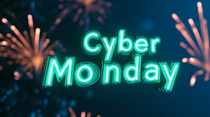 Electric green Cyber Monday text with futuristic design elements over a dark blue festive background with fireworks 