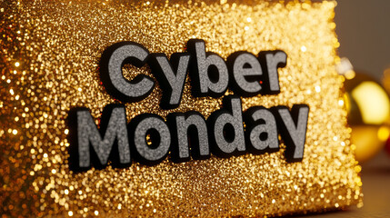 Elegant black Cyber Monday script over a golden background with sparkling pixels and digital festive motifs 