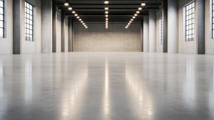 Empty warehouse with expansive floor space polished concrete clean industrial look ready for storage or manufacturing 