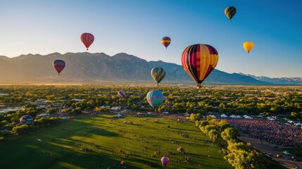 Obraz premium Hot air balloons floating over vast green landscapes, scenic festival with mountains in the distance. 