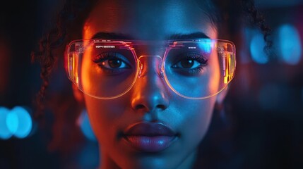 friendly customer service representative futuristic holographic interface vibrant neon accents sleek minimalist office setting