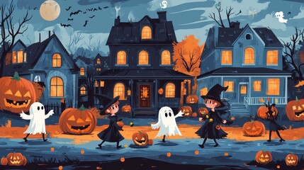 Halloween night with spooky houses, pumpkins, ghosts, and witches, festive and fun illustration.  

