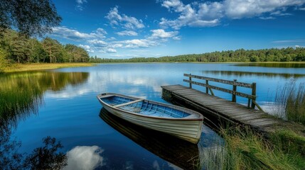 Obraz premium Serene lake with an old wooden bridge and a row boat under a clear sky with soft clouds.