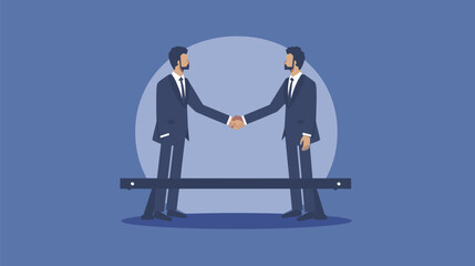 Businessmen shaking hands on seesaw, balancing interests in successful negotiation deal