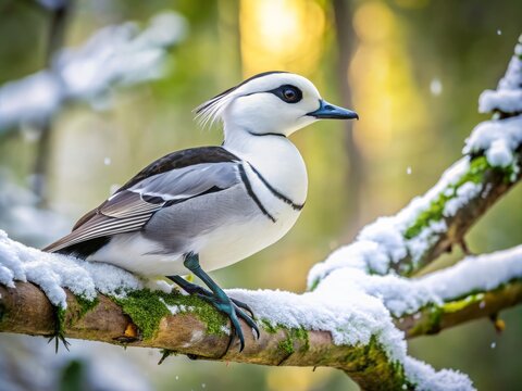 "A snowy forest scene features a smew bird perched on a branch, its black back and white throat contrasting against a winter wonderland backdrop."