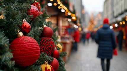 Obraz premium Festive Christmas bazaar with a mix of traditional and modern stalls, vibrant holiday decorations, and excited shoppers 
