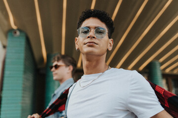 Low angle portrait of young fashionable man in sunglasses and pierced nose