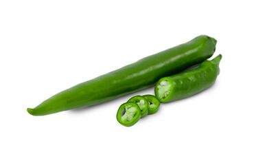 Sliced green chili peppers on white background