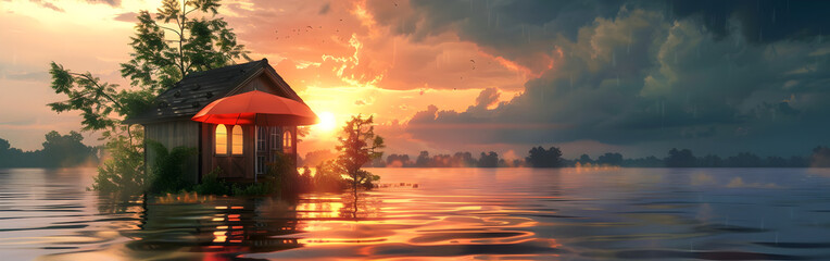 Secluded cabin nestled on the edge of a serene lake at sunset with cloudy sky in the background