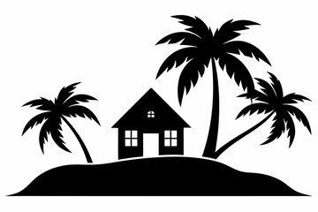 Tropical Island and Beach House Silhouette Clipart 