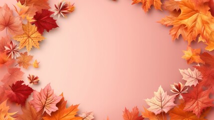 Fototapeta premium Vibrant autumn leaves frame a soft pink background, ideal for seasonal promotions, invitations, or Thanksgiving designs with space for text.