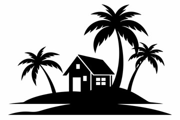 Tropical Island and Beach House Silhouette Clipart 