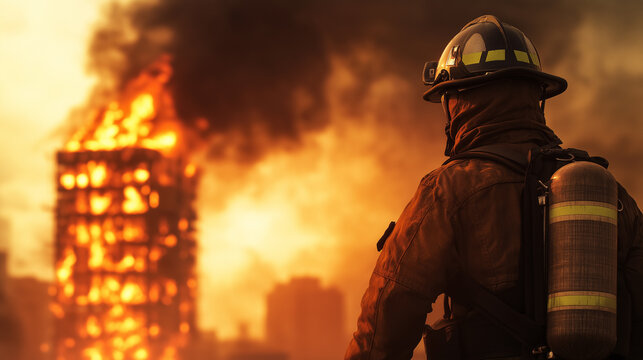 Firefighter in full gear gazing at a burning skyscraper, flames leaping from windows 