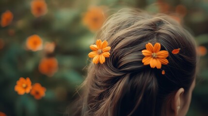 Naklejka premium Close-up of a woman's hair with marigold flowers, symbolizing beauty and nature. 