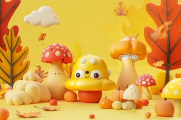 Fototapeta premium Playful 3D mushroom characters in a whimsical autumn forest scene. Bright and joyful, perfect for children's designs or seasonal decorations.