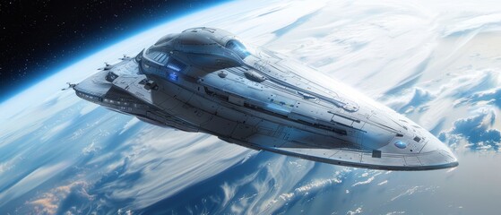  An artist's depiction of a spaceship hovering above Earth's surface, with the moon visible in the background