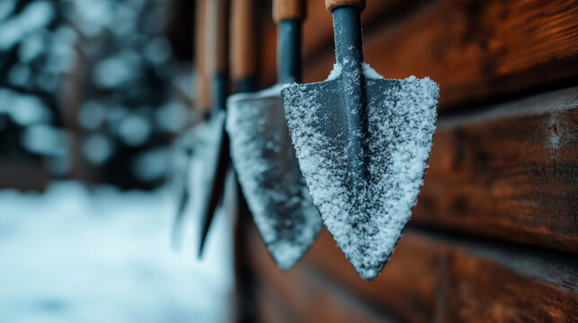 Frost-covered garden tools hanging in a rustic shed, waiting for winter maintenance, nostalgic and calm scene 