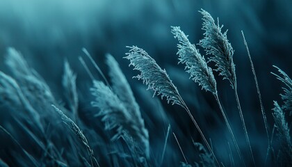 Frost-Covered Grass Blades in a Blue Hue