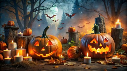 Halloween scene with pumpkins and bats with full moon in the background.AI image generator
