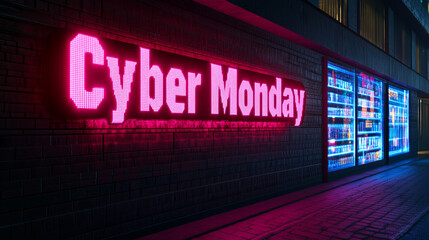 Futuristic inflatable Cyber Monday banner with glitch effect hovering above a storefront with LED displays and holographic ads 