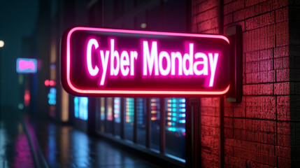 Futuristic inflatable Cyber Monday banner with glitch effect hovering above a storefront with LED displays and holographic ads 