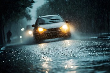 A Car Driving Through Heavy Rain at Night
