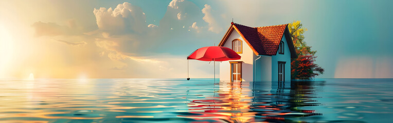 A house under a large umbrella in a rainy environment, water around it with cloudy sky in background