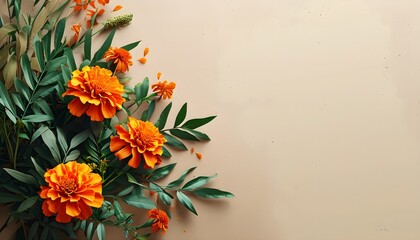 Elegant Kalash adorned with marigold flowers and leaves on a beige background, embodying the spirit of Gudi Padwa and Ugadi celebrations for Hindu New Year festivities.