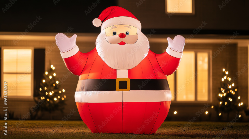 Poster Giant inflatable Santa Claus with a cheerful wave set up in front of a cozy suburban home illuminated by warm Christmas lights 