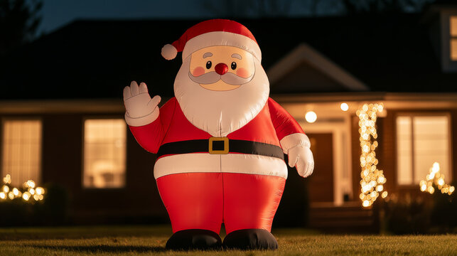 Giant inflatable Santa Claus with a cheerful wave set up in front of a cozy suburban home illuminated by warm Christmas lights 