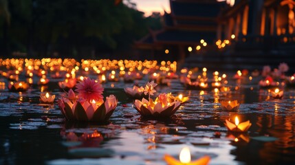 Floating candles on water during a nighttime festival, illuminated temples in the background. 
