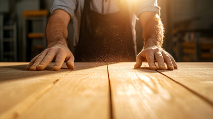 Hands sanding a smooth wooden surface fine dust particles floating in warm sunlight focused workbench setup 