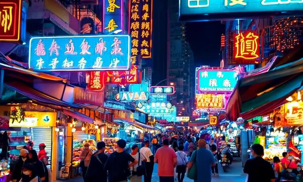 Glowing neon signs in a busy street market, Video