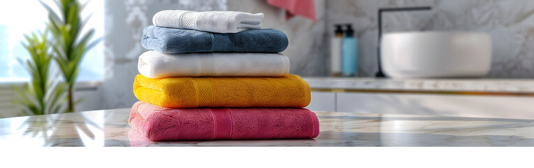 Close-up of neatly stacked bath towels on a white table, creating blur in background