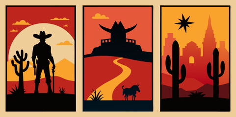 Three art posters featuring a cowboy, cactus, and a horse