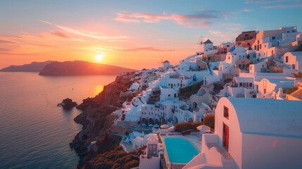 Discover the Breathtaking Beauty of a High-End Coastal Resort as the Sun Sets on the Tranquil Waters of Santorini Island © PStyle