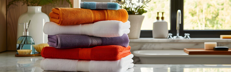 Stack of fresh towels on table with pots and skincare things in the backround
