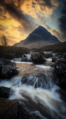 Mountain Peak with River at Sunset - Dramatic Nature Landscape
