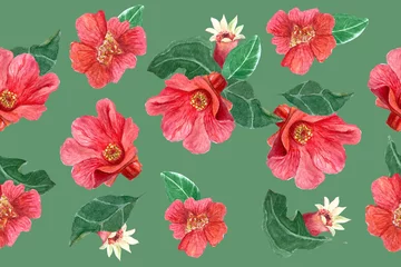 Fototapeten Tropische Blätter A pomegranate flower with green leafs seamless banner isolated on green. The hand-painted watercolor vibrant artwork ideal for botanical prints, wrapping paper, cards, textile, tea packaging. Clip art  © Ekaterina