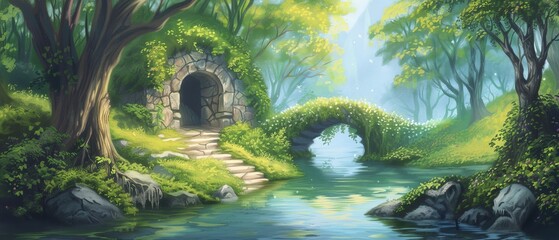  A forest painting featuring a bridge over a stream, and a stony path to a cavern midway