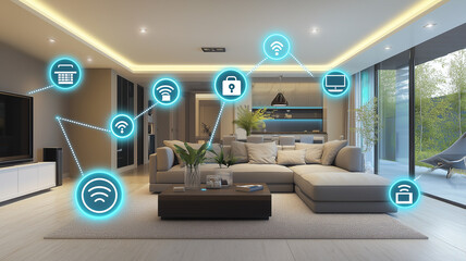 A modern living room equipped with smart home technology, featuring various digital icons representing smart functionalities