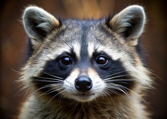 A masked bandit's round face with black facial markings, bushy eyebrows, and big round eyes, set against a neutral background with subtle texture.