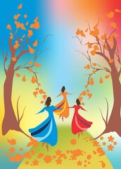 autumn composition with three women and autumn trees
