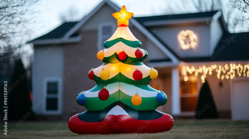 Sticker Inflatable Christmas tree with colorful ornaments stands tall on a lawn with icicle lights hanging from the house roof festive holiday scene 