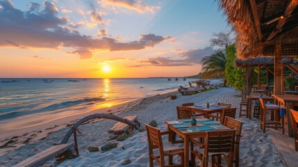 Fototapeta premium A picturesque scene at sunset showcasing a beachfront restaurant, warm colors reflecting on gentle waves and inviting seating.