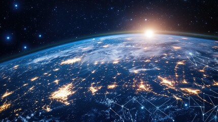 The Earth seen from space at night, with light trails showing the flow of global communication and connectivity.