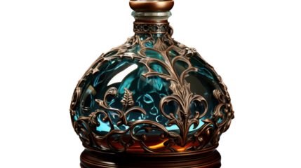 fantasy antique magical bottle, studio view, isolated on transparent background.