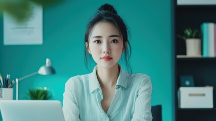 Asian woman in a modern office, pure teal background, minimalistic desk setup, focused on work