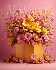 A yellow box with a bouquet of yellow and pink flowers on a pink background